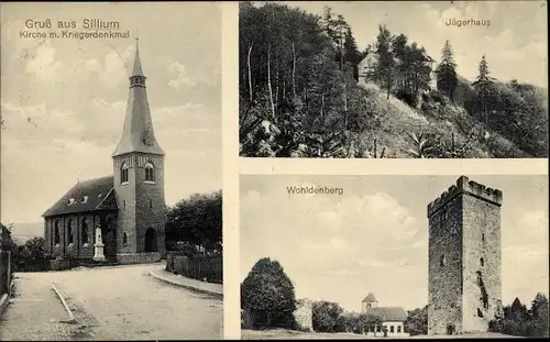 Ak Sillium Holle in Niedersachsen, Jägerhaus, Kirche, Kriegerdenkmal, Wohldenberg