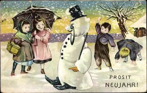 Litho Glückwunsch Neujahr, Jungen werfen Schneebälle auf Schneemann, Mädchen mit Regenschirm