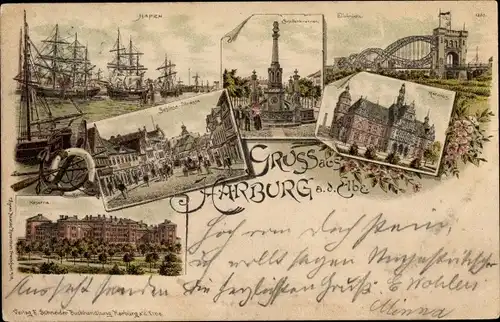 Litho Hamburg Harburg, Hafen, Elbbrücke, Rathaus, Kaserne, Schlossstraße