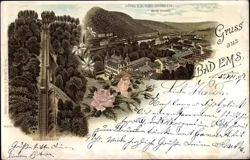 Litho Bad Ems an der Lahn, Malbergbahn, Hote zu den vier Türmen, Neue Kirche