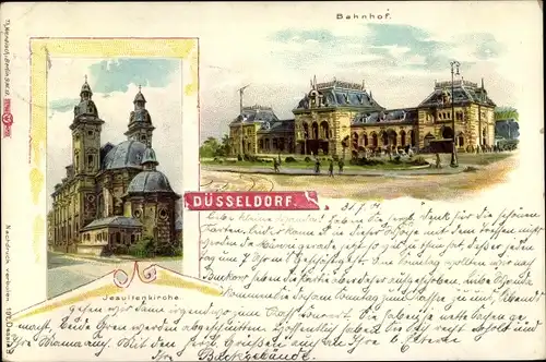 Litho Düsseldorf am Rhein, Bahnhof, Jesuitenkirche