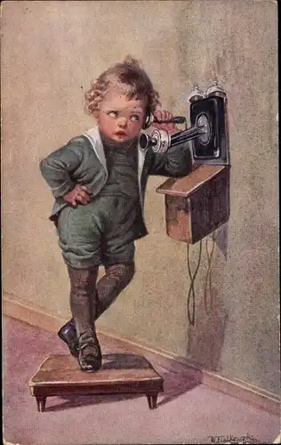 Künstler Ak Fialkowska, Wally, Kind benutzt ein Telefon