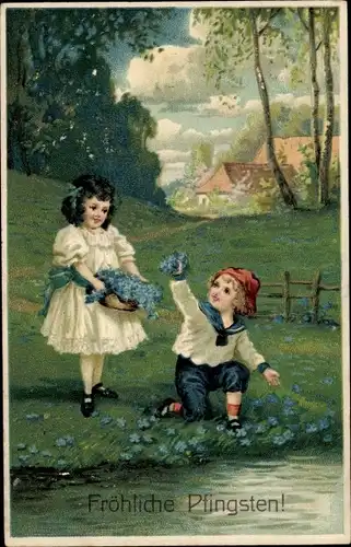 Ak Glückwunsch,Pfingsten, Kinder sammeln Blumen