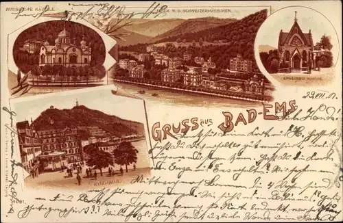 Litho Bad Ems an der Lahn, Russische Kapelle, Kurhaus, Schweizerhäuschen, Kirche