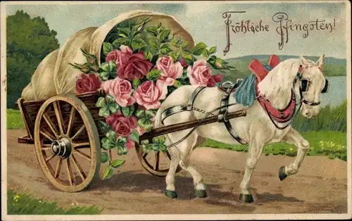 Präge Ak Frohe Pfingsten, Pferdefuhre mit Rosen