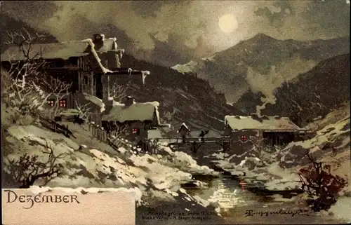Mondschein Künstler Ak Guggenberger, Dezember, Allegorie, Winter, Flusspartie