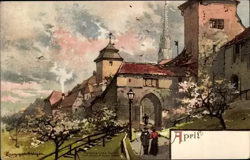 Künstler Ak Guggenberger, April, Allegorie, Frühling, Stadttor, Spaziergang