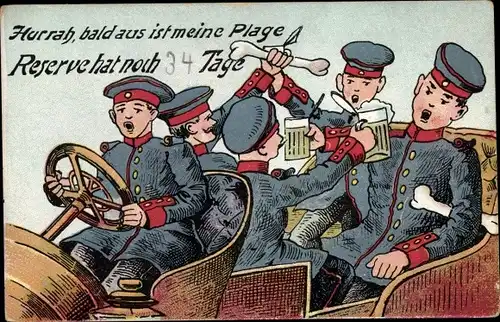 Ak Deutsche Soldaten im Kaiserreich, Reserve auf Autofahrt, Bier, alte Knochen, Soldatenhumor