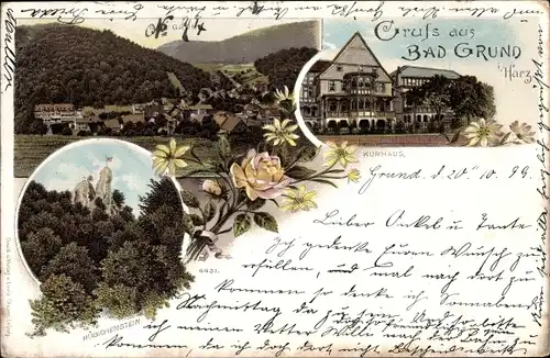 Litho Bad Grund im Harz, Kurhaus, Totalansicht der Ortschaft, Hübichenstein