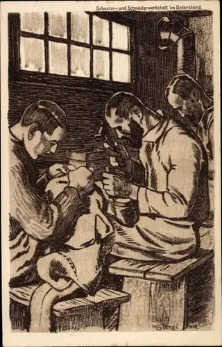Künstler Ak Schuster und Schneiderwerkstatt im Unterstand, I. WK