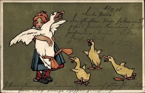 Künstler Ak Mädchen, Gänse, Küken, Was sich liebt das neckt sich