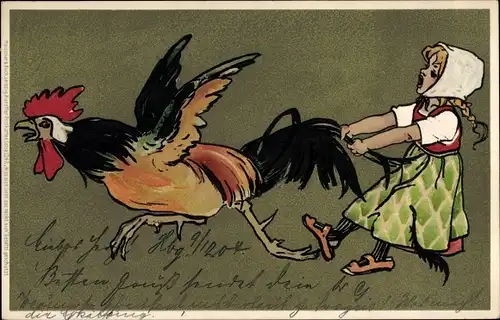 Künstler Ak Mädchen, Hahn, Was sich liebt das neckt sich