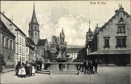 Ak Soultz Sulz Elsass Haut Rhin, Marktplatz, Brunnen, Kirche