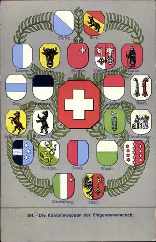 Wappen Ak Die Kantonswappen der Eidgenossenschaft, Zürich, Bern, Schwyz, Thurgau, Tessin