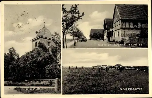 Ak Hallendorf Salzgitter in Niedersachsen, Kirche, Gasthof Robert Beddies, Dorfpartie