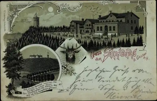 Mondschein Litho Steinberg Goslar am Harz, Gasthaus, Turm, Hirsch