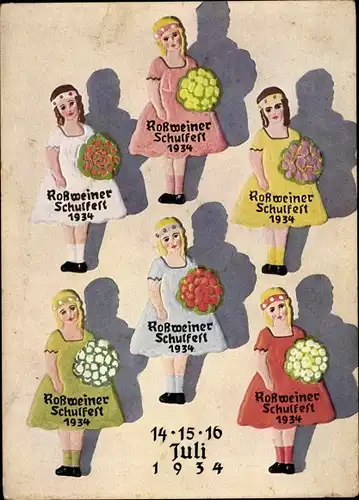 Ak Roßwein in Sachsen, Aus Holz gepresste Figuren zum Schulfest 1934