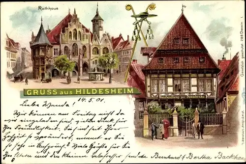 Litho Hildesheim in Niedersachsen, Rathaus, Weinhandlung zur Domschenke