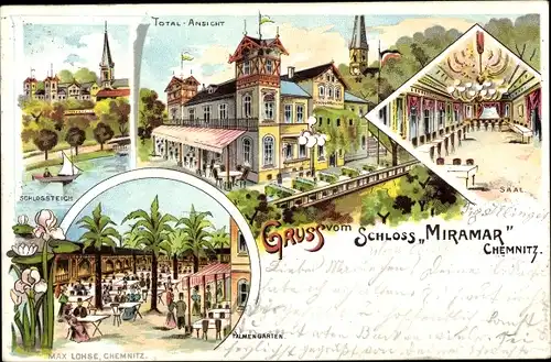 Litho Chemnitz in Sachsen, Schloss Miramar, Schlossteich, Palmengarten