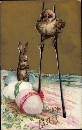 Litho Glückwunsch Ostern, Küken auf Stelzen, Osterhase, Ostereier