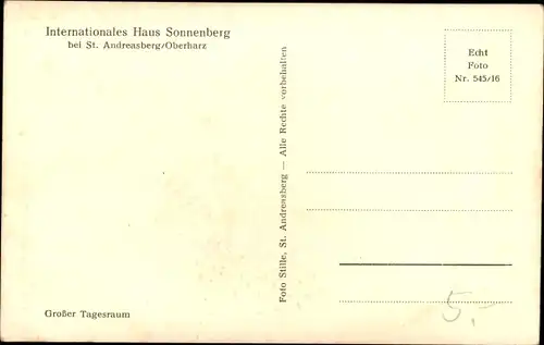 Ak Sankt Andreasberg im Oberharz, Internationales Haus Sonnenberg, Innenansicht, Tagesraum