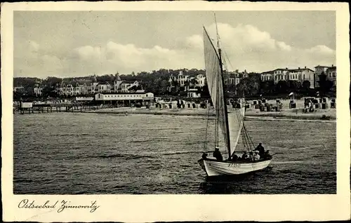 Ak Ostseebad Zinnowitz auf Usedom, Blick auf den Ort, Strand, Segelboot