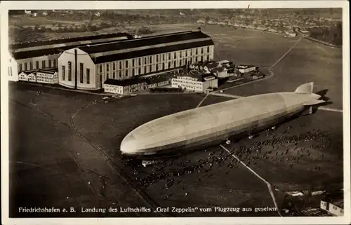 Ak Friedrichshafen am Bodensee, Landung Luftschiff Graf Zeppelin, LZ 127, Fliegeraufnahme