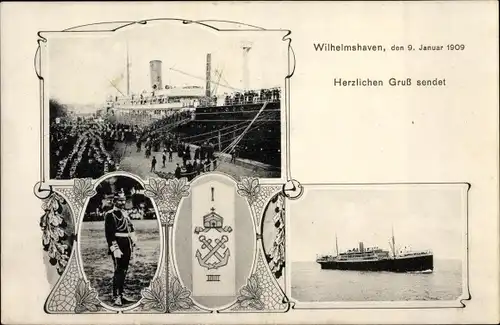 Ak Wilhelmshaven in Niedersachsen, Kaiser Wilhelm II. von Preußen 09 01 1909, Dampfer im Hafen