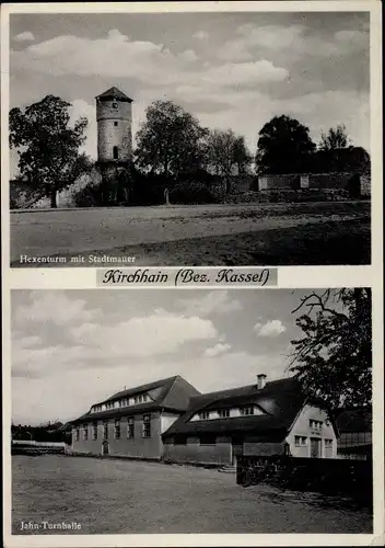 Ak Kirchhain in Hessen, Hexenturm mit Stadtmauer, Jahn Turnhalle