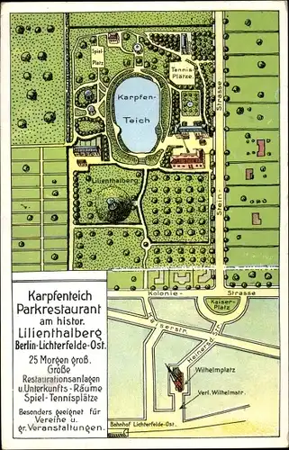 Stadtplan Ak Berlin Steglitz Lichterfelde, Karpfenteich Parkrestaurant am Lilienthalerberg