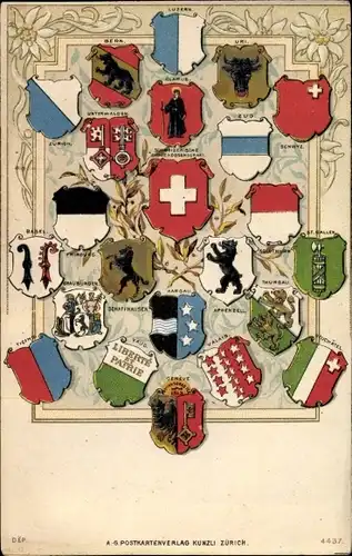 Wappen Litho Schweiz, Kantonalwappen, Appenzell, Thurgau, Neuchatel, Bern, Luzern