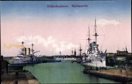 Ak Wilhelmshaven in Niedersachsen, Deutsche Kriegsschiffe im Hafen