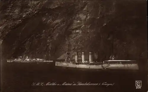 Ak Laerdalsoeren Norwegen, Deutsches Kriegsschiff, SMS Moltke und Mainz, Schlachtkreuzer