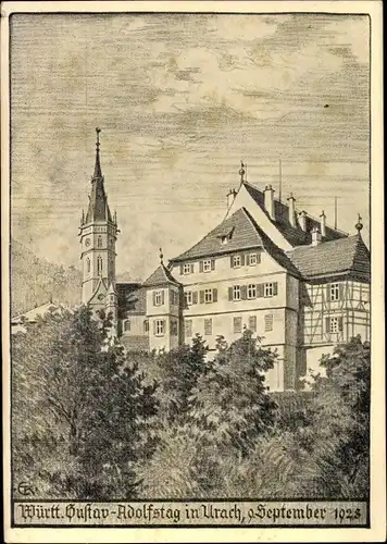 Künstler Ak Bad Urach in der Schwäbischen Alb, Amanduskirche, Schloss, Gustav Adolfstag 1928