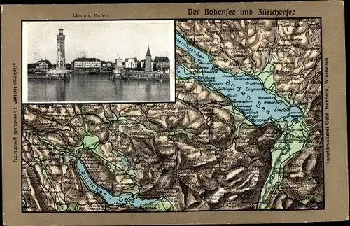 Landkarten Ak Lindau am Bodensee Schwaben, Zürichersee, Hafen, Leuchtturm