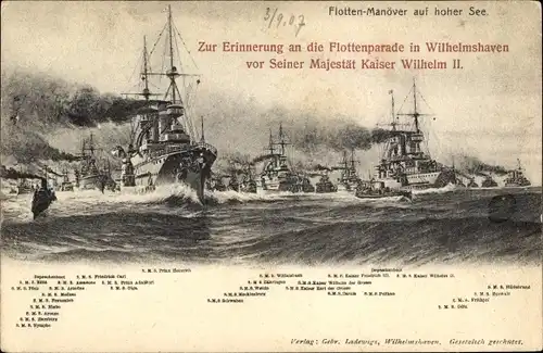 Künstler Ak Wilhelmshaven, Flottenmanöver auf hoher See, Deutsche Kriegsschiffe, Flottenparade