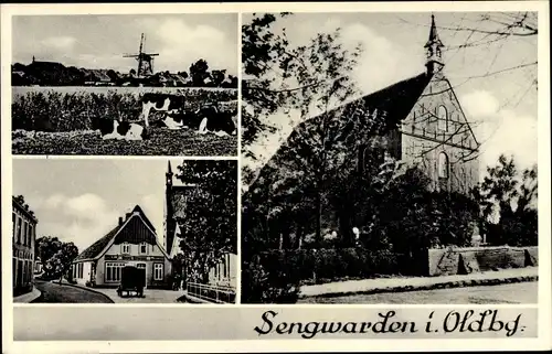 Ak Sengwarden Wilhelmshaven in Niedersachsen, Kirche, Straßenpartie, Windmühle