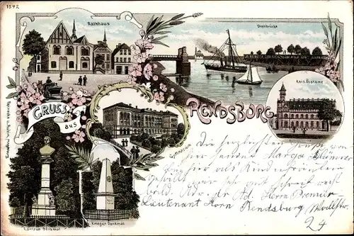 Litho Rendsburg in Schleswig Holstein, Rathaus, Gymnasium, Kriegerdenkmal, Drehbrücke, Postamt