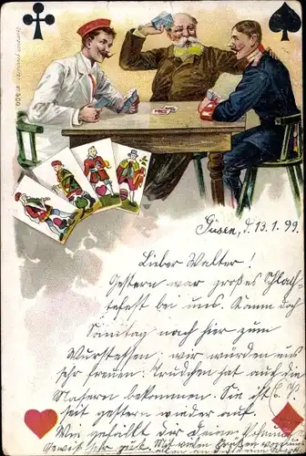 Litho Männer beim Kartenspiel, Spielkarten