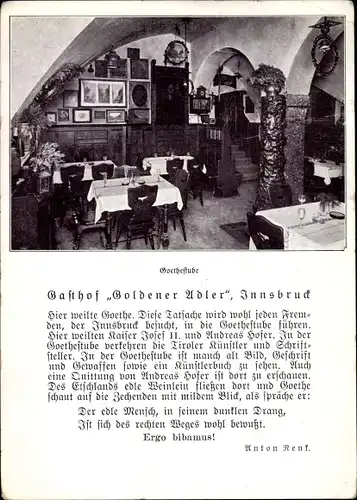Ak Innsbruck in Tirol, Gasthof Goldener Adler, Goethestube, Innenansicht, Herzog Friedrich Straße