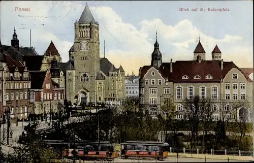Ak Poznań Posen, Blick auf die Kaiserpfalz, Straßenbahn