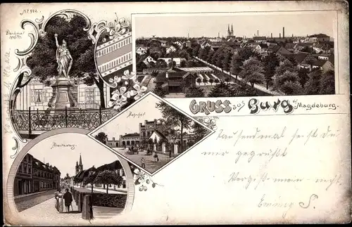 Litho Burg bei Magdeburg, Breite Weg, Denkmal, Breiteweg, Bahnhof, Totalansicht