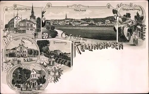 Litho Kellinghusen in Holstein, Kellinghusener Schweiz, Marktplatz, Kirche, Hotel Stadt Hamburg