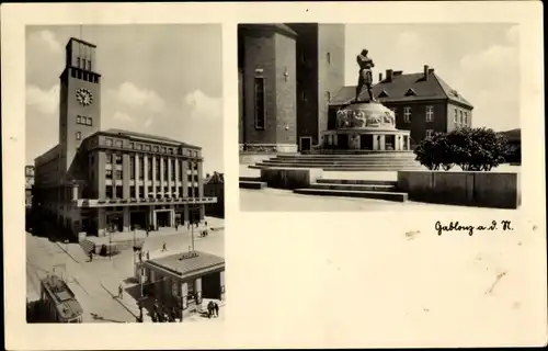 Ak Jablonec nad Nisou Gablonz an der Neiße Region Reichenberg, Rathaus, Rüdigerdenkmal