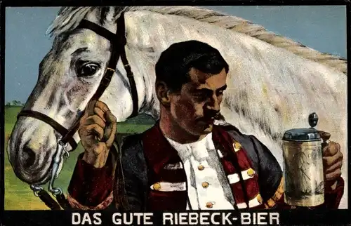 Ak Reklame, Riebeck Bier, Mann mit Bierkrug und Pferd