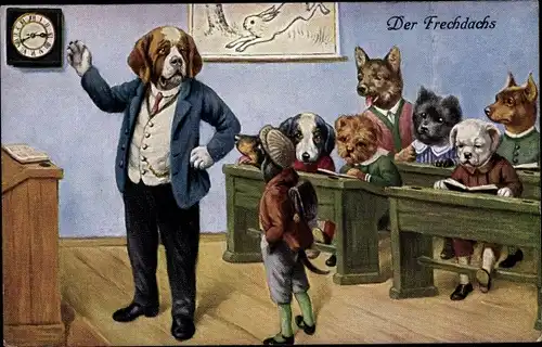Ak Hunde, Vermenschlichte Tiere, Lehrer und Schüler, Der Frechdachs