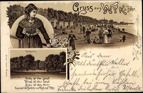 Litho Wyk auf Föhr in Nordfriesland, Strand, Frau in typischer Tracht, Königsgarten