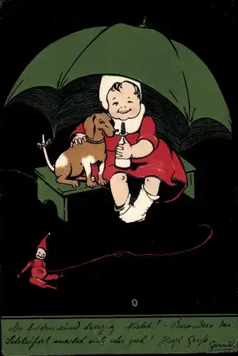 Ak Dackel, Kind, Schirm, Milchflasche, Puppe