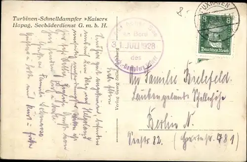 Ak Turbinenschnelldampfer Kaiser, HAPAG Seebäderdienst