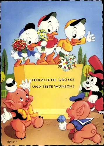 Künstler Ak Walt Disney, Tick, Trick , Track, Schweinchen, Kleiner Wolf